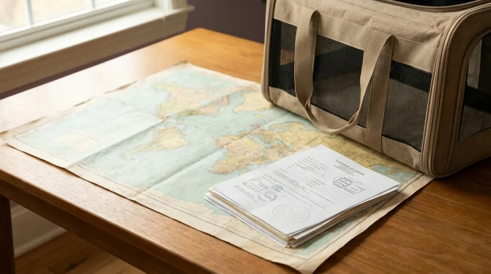 World map, a pet carrier and a stack of stamped veterinary documents laid out for international pet travel