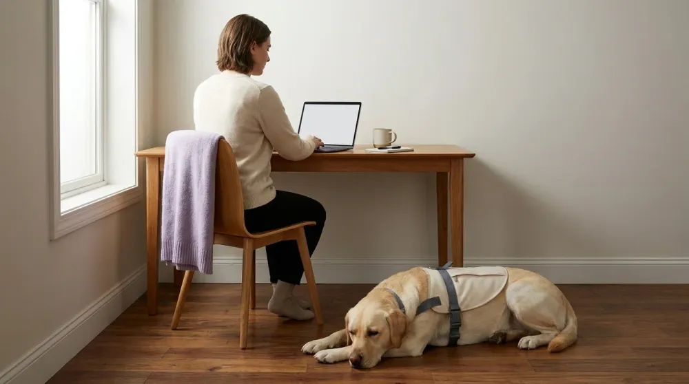 A young adult at a home workspace with a service-vested Labrador resting calmly beside the desk in soft natural light