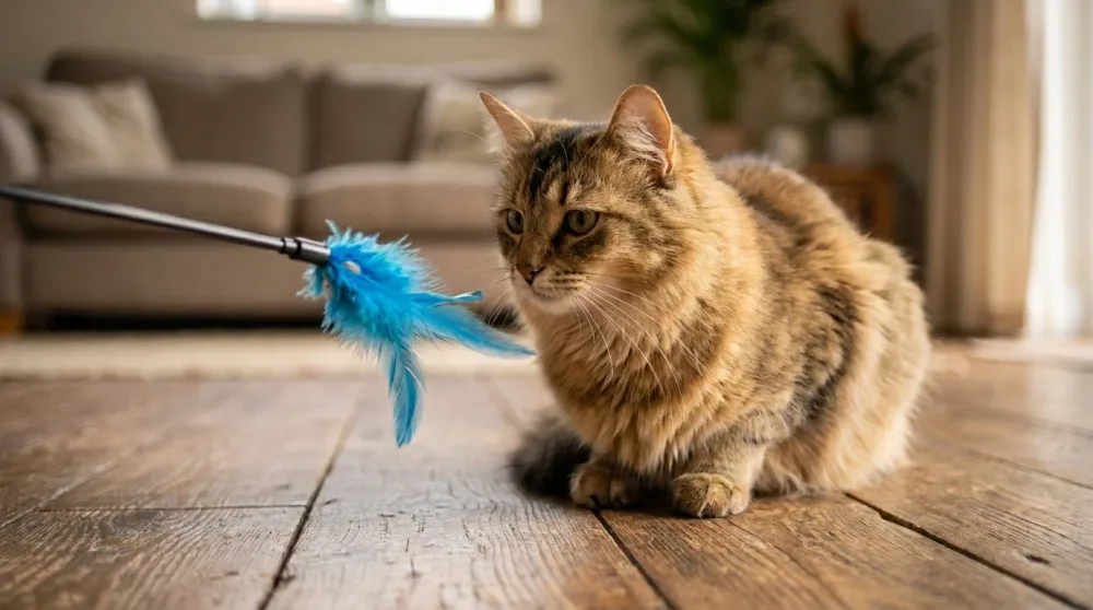 Calm cat watching a blue feather wand toy in soft window light, the colours cats see most clearly