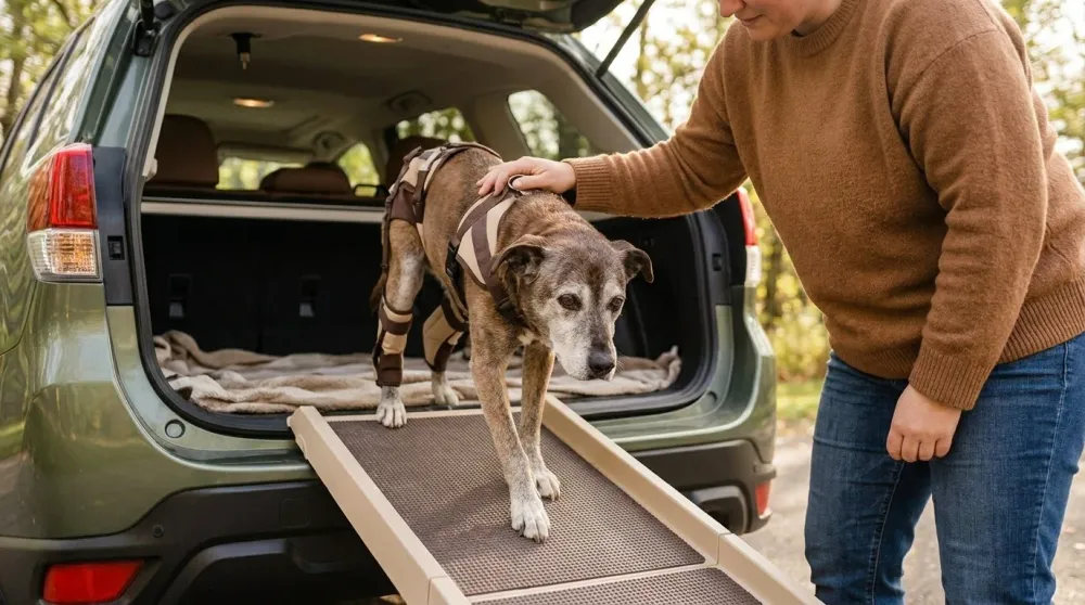 Senior dog in a supportive rear-leg mobility harness walking up a non-slip ramp into a car as an owner steadies it