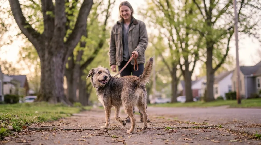 A leafy morning dog walk, one of the simplest benefits of having a pet, with the dog trotting ahead of its owner
