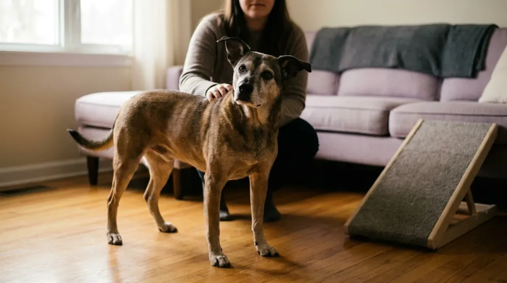 Senior dog standing easily at home beside dog mobility aids as an owner rests a hand on its back