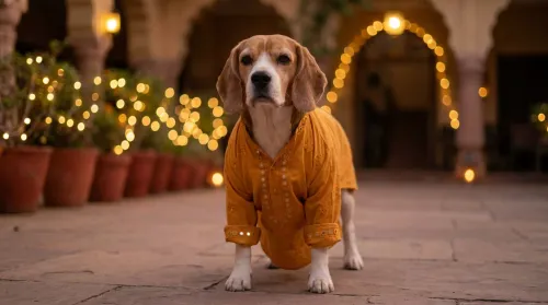 Beagle in a well-fitted marigold embroidered kurta among warm festival string lights, authentic cultural dog fashion