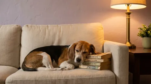 Beagle snoozing on a cream sofa with worn paperbacks of Lassie and other famous animal characters in evening lamp light