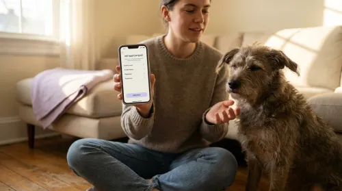 Young adult holding a phone showing a best-pet-for-me quiz beside a calm mixed-breed shelter dog in a warm home setting