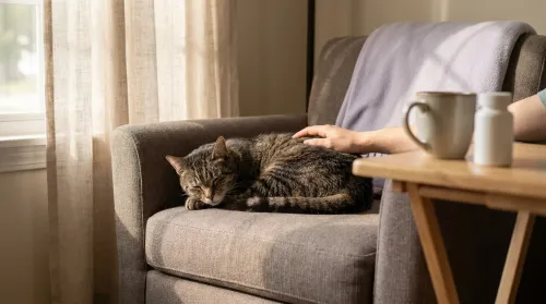 Senior tabby cat curled on a warm armchair with a Bexacat prescription bottle on the side table in soft window light
