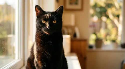 Composed black cat with amber eyes in warm window light, a dignified study in its spiritual meaning beyond superstition