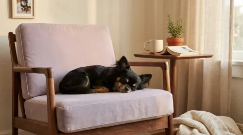 Small black long-haired chihuahua asleep on a lavender chair after a pet microchipping reunion in afternoon light