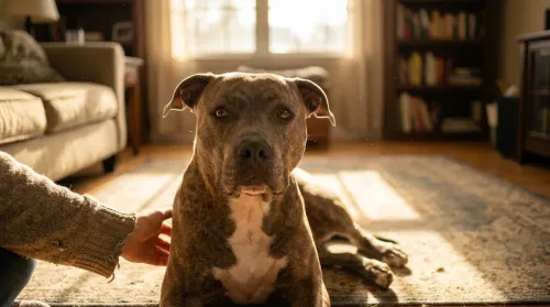 Calm pit bull-type dog with gentle eyes resting at home, the breed at the centre of breed-specific legislation