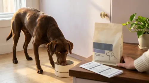 Chocolate mixed-breed dog eating vet recommended dog food from a ceramic bowl with prescription bag on the kitchen counter