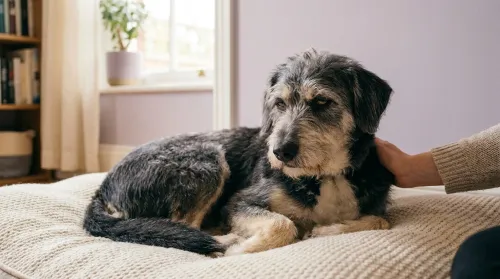 A calm owner's hand rests on an anxious mixed-breed dog as it settles on its bed in soft window light