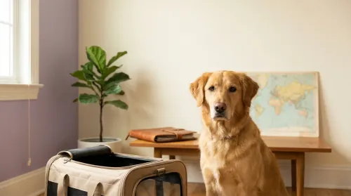 Calm dog sitting beside an open pet travel carrier and a world map by a sunlit window, ready to relocate