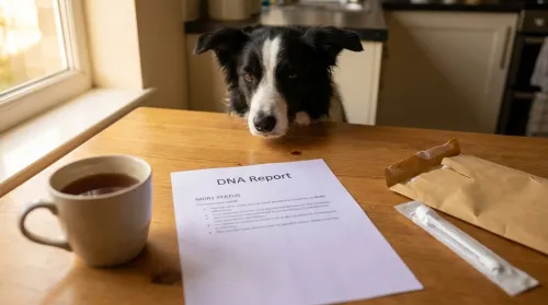 Border Collie alert at a wooden table beside a printed dog DNA test report and a coffee mug in soft window light