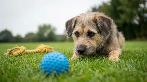 A dog fixes on a bright blue ball on green grass, an example of what colors dogs see most vividly