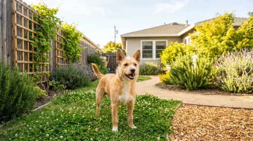 Dog relaxed in a dog-friendly backyard with clover, a decomposed-granite path and pet-safe planting beds