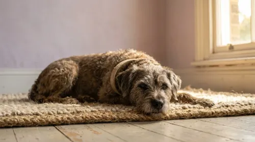 Mixed-breed dog in a natural hemp collar rests on a wool-and-jute mat, sustainable dog accessories in soft light