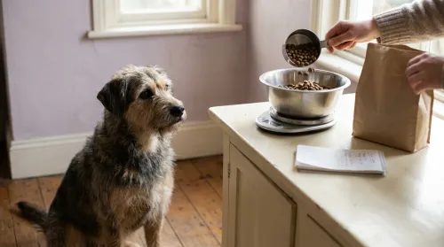 Mixed-breed dog watches owner weigh dry AAFCO pet food kibble on a kitchen scale into a stainless bowl