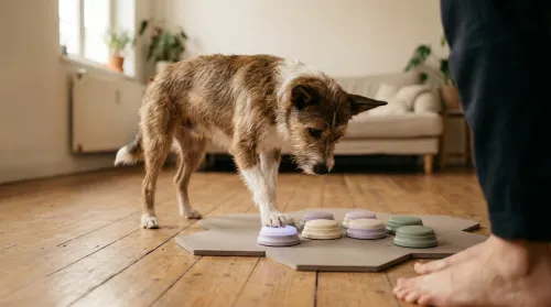 Medium mixed-breed dog pressing a dog-translator soundboard button on a hexagonal mat in a warm living room