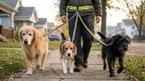 A dog walker leads three calm dogs on a quiet sidewalk in morning light, the real work of starting a dog walking business