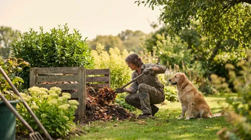 Owner tending a backyard compost bin for dog waste composting in a sunny garden with their dog nearby