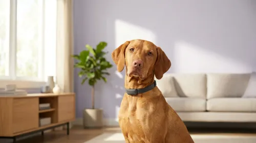 Alert dog wearing a slim GPS smart collar, a piece of everyday pet tech, in a bright modern living room