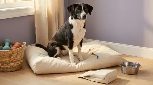 Black-and-white mixed-breed dog on a refillable canvas dog bed beside a stainless steel water bowl and a folded mono-material kibble bag — eco friendly pet products