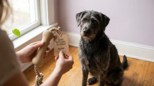 Dog waiting as owner checks the label on an eco friendly pet product, a natural-rubber chew toy, in a sunlit kitchen