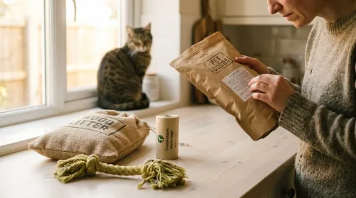 Pet owner reading the back label of eco friendly pet products at a sunlit kitchen counter with a cat nearby