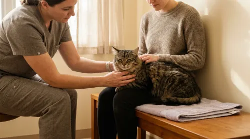 Tabby cat receiving feline veterinary care on the owner's lap in a warm Fear Free clinic exam room