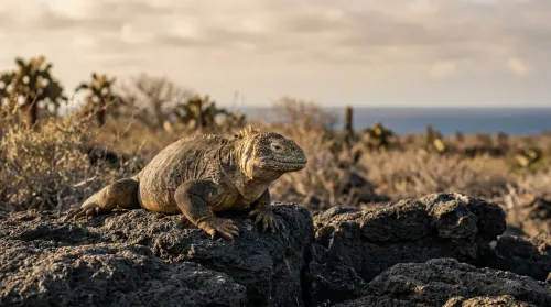 A wild Galápagos land iguana, a species the exotic pet trade targets, rests on volcanic rock in its island habitat