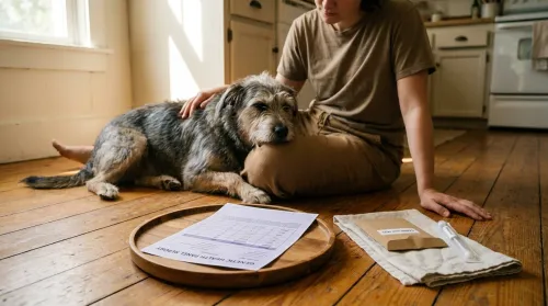 Owner reading a genetic testing for dogs report next to a calm mixed-breed on a warm kitchen floor in soft window light