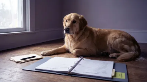 A Golden Retriever beside the open USDA inspection binder that documents the Animal Welfare Act in practice