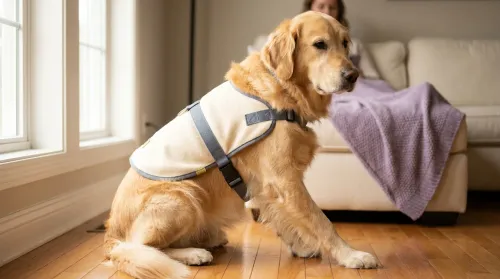 A Golden Retriever in a cream service dog vest sitting in three-quarter profile in a sunlit home interior