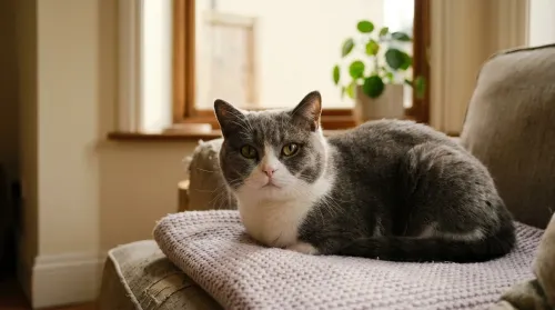 A cute grey-and-white cat loafing on a pale-lavender knit throw by a sunlit window, looking alertly at the camera