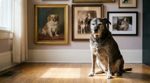 An older dog sits in window light below a wall of framed dog and cat portraits spanning the history of pets