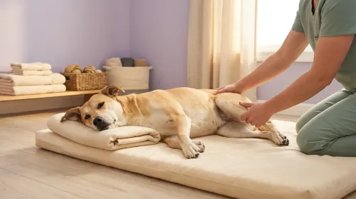 Mixed-breed dog receiving gentle range-of-motion therapy from a veterinary rehab therapist — evidence-based integrative pet care