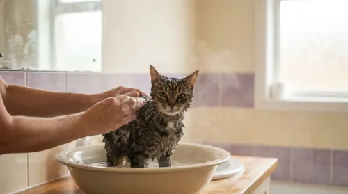 A calm cat standing in a shallow tub as careful hands gently bathe it in a warm bathroom