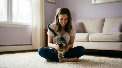 Young woman sitting on a living-room rug as her cat steps into her lap, a quiet human-animal bond moment in warm light