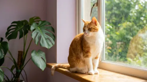 Content indoor cat on a sunlit windowsill watching the garden through the glass