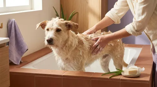 A medium-sized dog standing in a warm domestic bathtub being lathered with natural dog shampoo by its owner's hands
