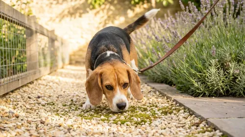 Tricolor beagle nose-down on a sniff-led decompression walk along a lavender-bordered garden path — mental stimulation for dogs through scent work