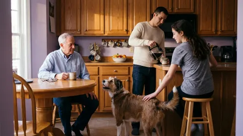 A multigenerational family in a sunlit kitchen with a shared mixed-breed family dog at the centre of the scene