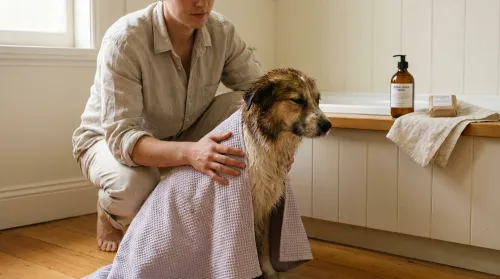 Person toweling a mixed-breed dog after a natural pet shampoo bath, refillable bottles on a warm wooden counter