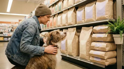 An owner crouching with their dog in a pet-store aisle choosing the best dog food for a sensitive stomach
