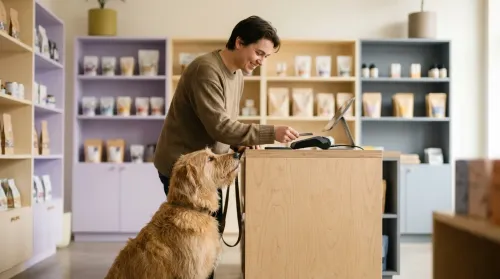 Pet owner at a modern pet store checkout counter with a calm dog beside them, the consumer face of the pet care industry