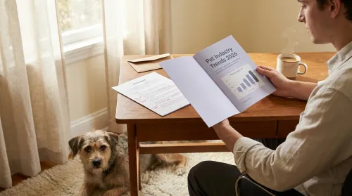 Printed pet industry trends market report on a wooden desk with a calm mixed-breed dog resting on a rug nearby