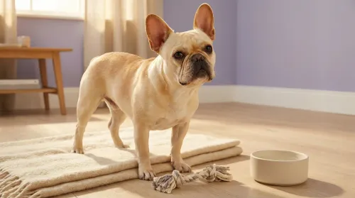 Engaged fawn French Bulldog standing alert on a cream wool throw with a soft cotton rope toy nearby — healthy young pet, the case for pet insurance