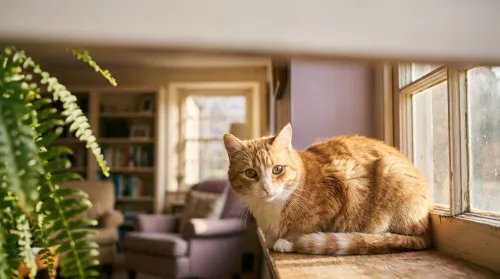Cat sitting in a sunny windowsill in soft morning light, an eye-level pet photography keeper frame
