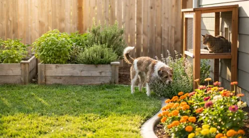 Pet-safe garden with marigolds, herb beds, a grazing mixed-breed dog and a tabby cat watching from a catio enclosure
