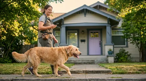 Pet sitter walking a client's dog on a tree-lined suburban sidewalk while running a pet sitting business